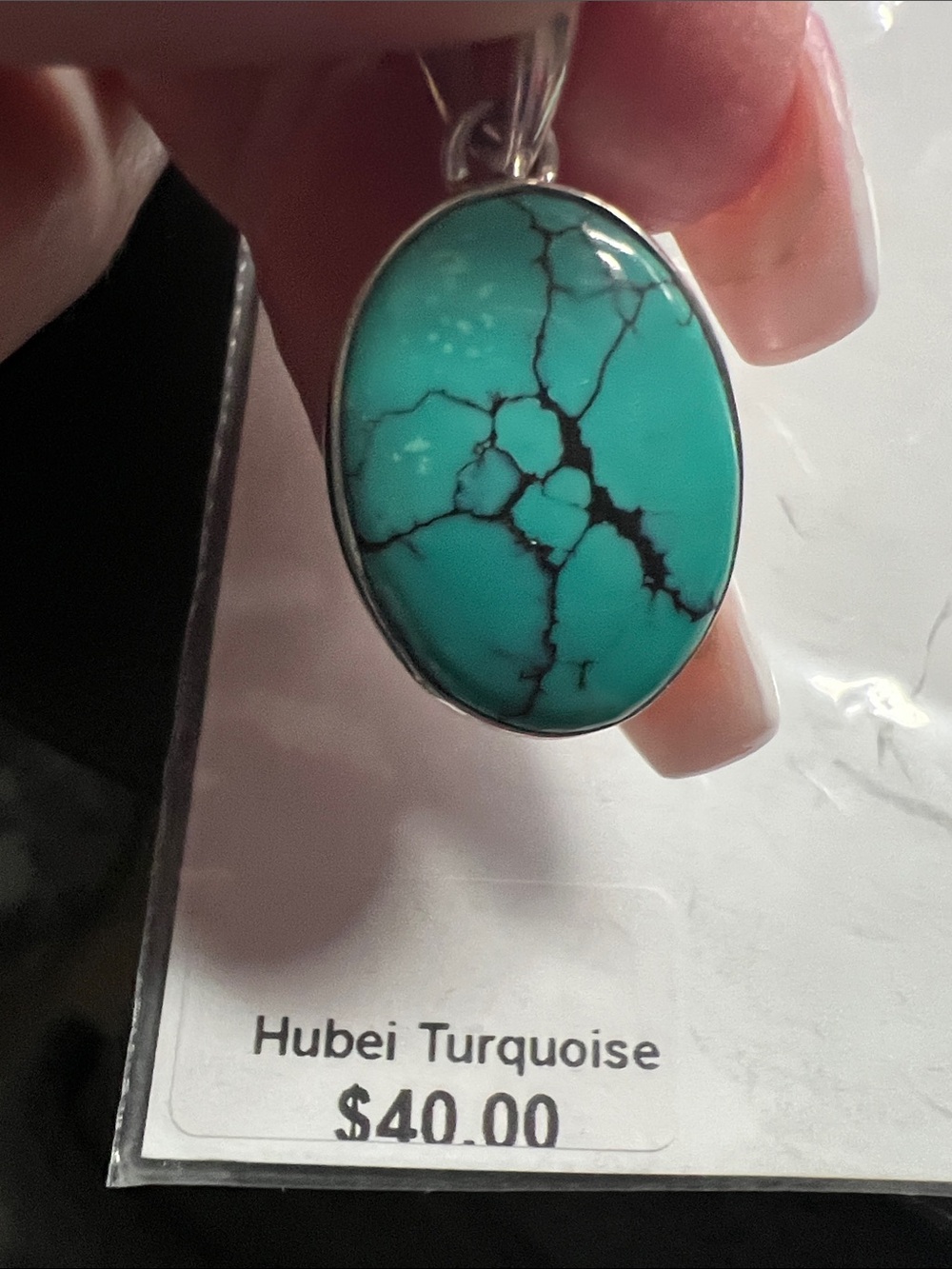Oval Pendant in Bright Hubei Turquoise with Sterling Silver Setting